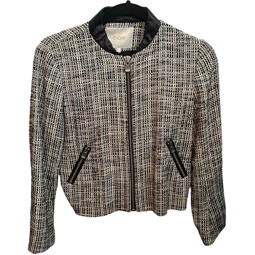 Maje tweed long sleeve zippered short jacket black white classic knit bomber